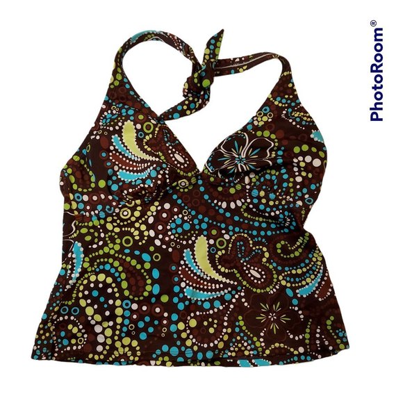 Jantzen Classics Sz 12 colorful hibiscus dots Halter Neck Tankini Swim Suit Top - Picture 1 of 8